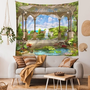 3D nature wall tapestry with castle arch and lush garden view for living room