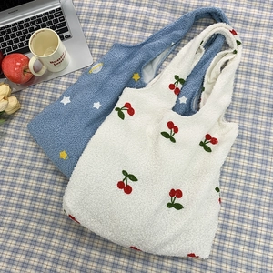 Women Plush Tote Bag Large Capacity Embroidered Lamb Wool Shoulder Bag Cartoon Cherry Planet Pattern Winter Handbag