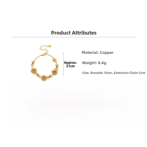 Detail of 24K gold-plated flower bracelet with green gems, 16cm plus 5cm extension