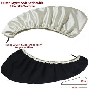 Detail of silver satin hair towel with absorbent lining and adjustable drawstring