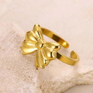 Polished gold bow ring in titanium steel with adjustable open band for women