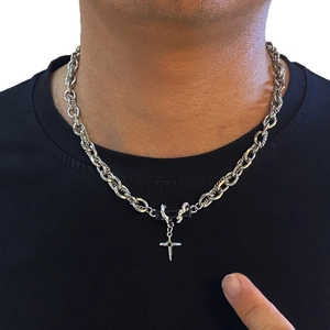 Hip hop silver cross pendant necklace with black bar detail on cuban link chain for men