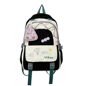 Lightweight black and white backpack with green straps and purple pizza pendant charm