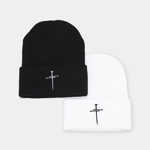 Vintage cross embroidery knitted beanie hat for men and women in black and white street style