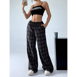 Women's plaid high waist wide-leg trousers in navy and brown with elastic drawstring waist