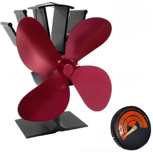 Red 4-blade heat powered stove fan made of aluminum with a circular stove thermometer