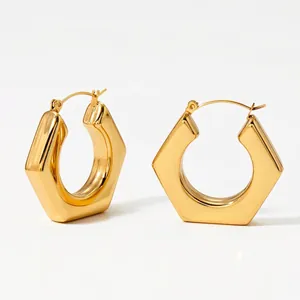 Boucles d'oreilles hexagonales épaisses en acier inoxydable doré au design minimaliste