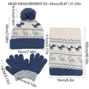 Size chart showing winter dinosaur knitted hat scarf and gloves set for kids