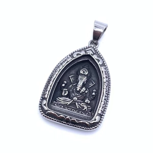 Vintage stainless steel Ganesha pendant necklace with intricate silver finish engraving