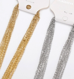 Macro detail of gold and silver stainless steel flat O-chain necklace links for DIY
