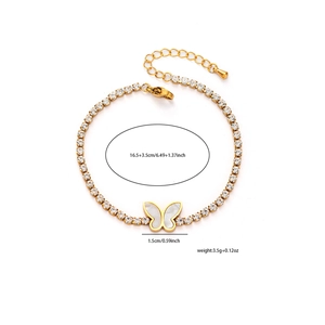 Detail view of gold butterfly bracelet with white shell inlay and size specifications