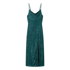 Elegantes Pailletten Kleid Spaghettiträger Wasserfallausschnitt Schlitz Party Abendkleid Pfauengrün Damen