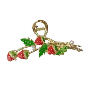 Elegant gold strawberry hair claw clip with red enamel fruit and white pearls for women