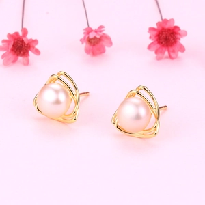 Elegant geometric S925 silver triangle stud earrings with natural freshwater pearls