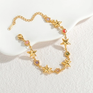 Bracelet en acier inoxydable plaqué or 18 carats avec étoiles et gemmes colorées