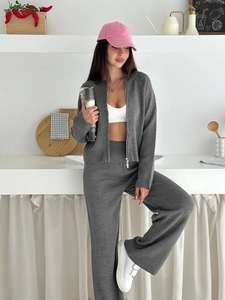 Women Knitted Zipper Long Sleeve Top And High Waist Wide Leg Straight Pants Cotton Blend Solid Color Casual Elegant