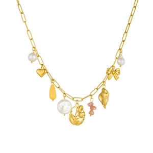 Collier en acier inoxydable doré avec pendentif tulipe, nœud et perles sur fond blanc