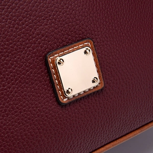 Macro shot of dark burgundy pebbled leather texture and gold hardware on crossbody bag