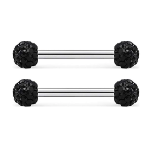 Detailed view of silver stainless steel barbell piercings with black rhinestone end balls