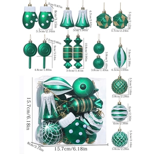 16pcs Green Christmas tree ornaments set including bells and lollipops in a clear gift box