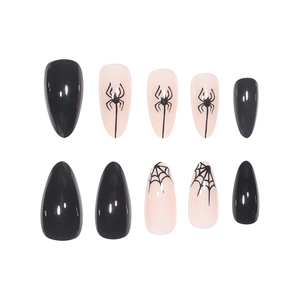 Gothic Halloween long almond press-on nails with black spider and web patterns