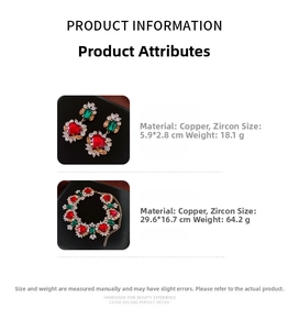 Detail view of heart-shaped zircon necklace set with red and green stones and sizing info