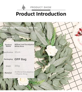 Detailed view of a 50cm artificial eucalyptus and white rose wreath with dimensions