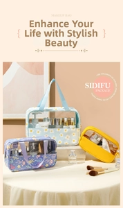 Detail of waterproof PVC toiletry bags with floral prints and zipper closure