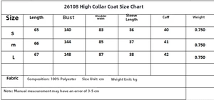 Detailed size chart for high collar single-breasted jacket showing S to L measurements