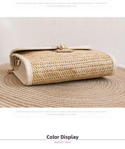 Detailed side view of beige straw woven bag showing texture and leather piping edges