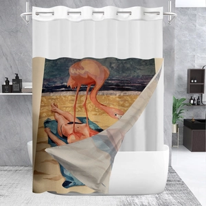 Detail of pink flamingo print on waffle shower curtain with silver metal grommets