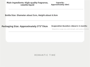 Detailed technical specifications for 50ml reed diffuser with dimensions and duration