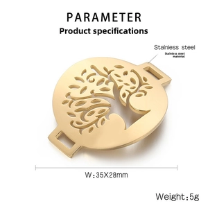 Macro view of gold stainless steel Tree of Life connector with 35x28mm size specs