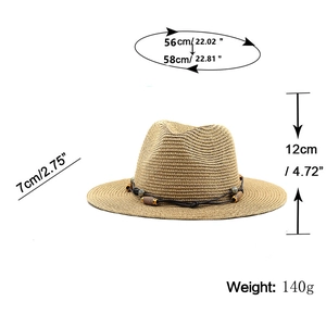 Chapeau Panama unisexe en paille marron clair avec détails de perles et dimensions