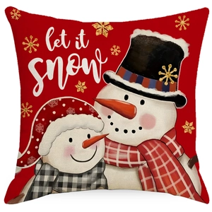 Red Christmas pillow cover with snowmen and let it SNOW print on textured fabric