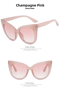 Detailed views of glittery champagne pink cat-eye frames with gradient lenses