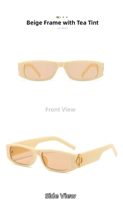 Detail of rectangular cream sunglasses with brown lenses and golden diamond-shaped hinge accents