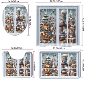 Size guide for Christmas reindeer shower curtain set including bath mat and toilet cover