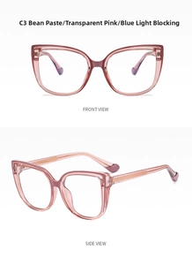 Vistas detalladas de gafas cat eye rosas transparentes con lentes anti-luz azul