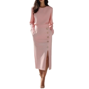 Pink long-sleeve two-piece dress set with side metal buttons and a split midi skirt