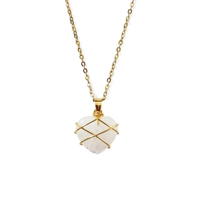 Handmade gold wire-wrapped heart-shaped white crystal pendant necklace with fine chain
