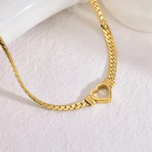 Luxury gold plated Cuban chain necklace with minimalist hollow heart pendant for women
