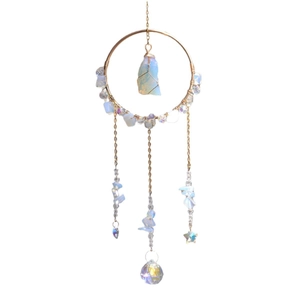 Modern minimalist rainbow suncatcher with irregular crystal pendant and metal ring design
