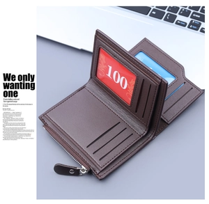 Detail of dark brown leather wallet showing multi-card slots and side zipper coin pocket