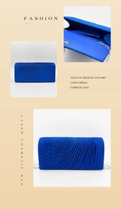 Blue glitter evening clutch featuring pleated texture, interior compartment, and silver chain