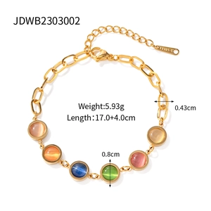 Bracelet chaîne à maillons cubains en acier doré orné de pierres œil de chat colorées