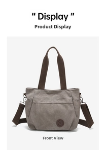 Front view of a minimalist taupe canvas tote with dark brown straps and leather patch