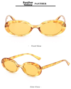 Detailed front and side views of oval leopard print sunglasses with yellow tinted lenses