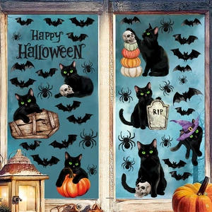 Halloween window stickers set featuring black cats, bats, pumpkins, and spooky RIP tombstone