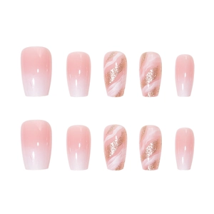 Pink gradient press-on nails with gold glitter marble texture on 10 piece set